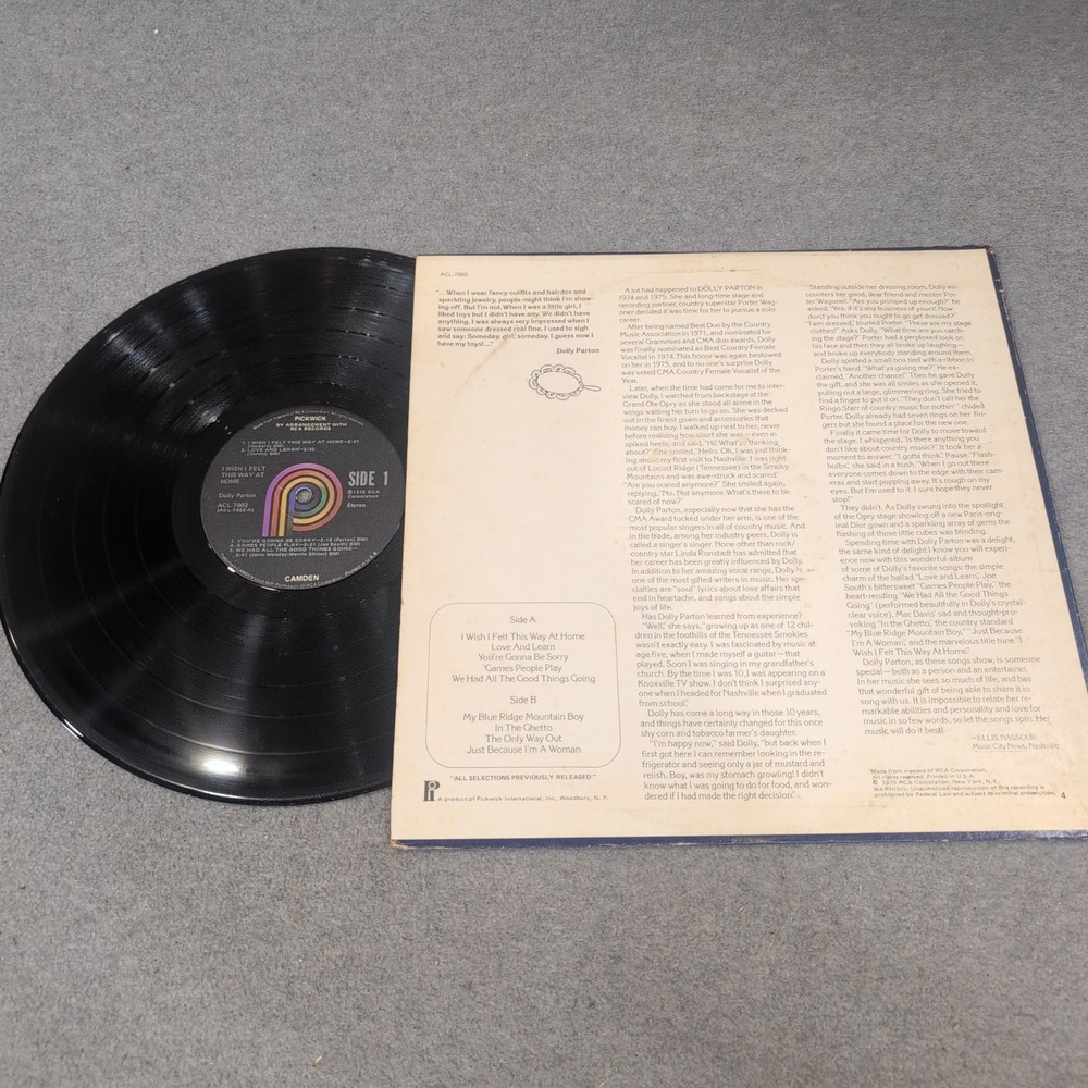 Dolly Parton I Wish I Felt This Way At Home Vinyl LP RCA Camden ACL-7002 - Picture 2 of 2